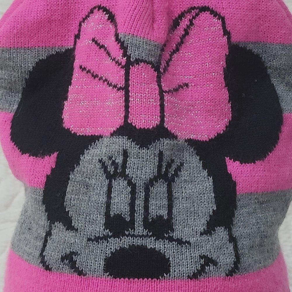 Disney Minnie Mouse Knit Beanie Hat Barbie Pink Grey Stripe Bling on Bow OSFM - Picture 2 of 8